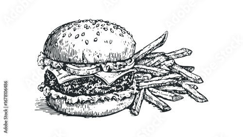 Detailed engraving of a classic cheeseburger with a side of french fries. Vector hand drawn illustration