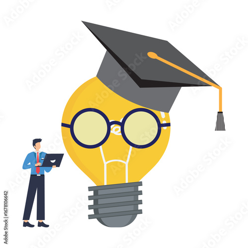  Education or personal skills and intelligence enhancement genius bright lightbulb wearing eyeglasses and graduation cap symbolizing knowledge and creativity stock illustration