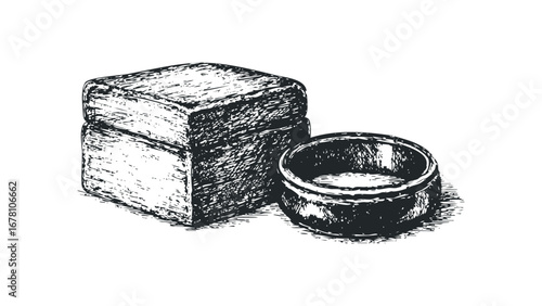 Hand-drawn sketch of a textured ring and a stacked box with hatching. Vector hand drawn illustration