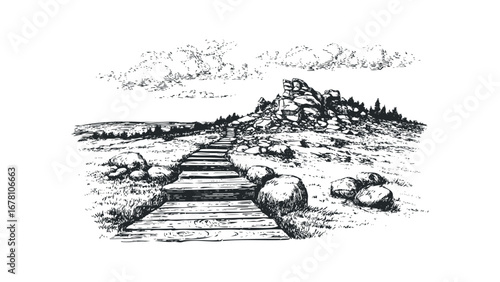 Wood steps lead to rocky mountain summit with sparse trees and cloudy sky. Vector hand drawn illustration