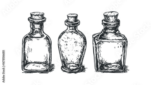 Hand-drawn collection of three corked glass bottles on a transparent background. Vector hand drawn illustration