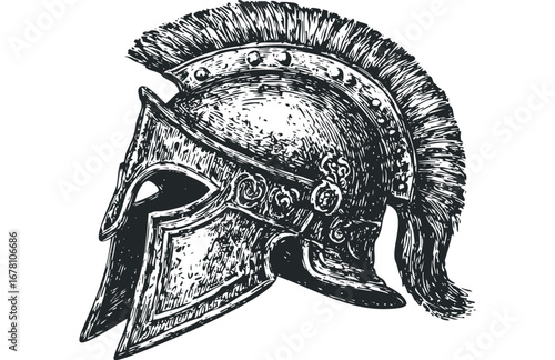 Antique Greek warrior helmet illustration with feather plume detail. Vector hand drawn illustration