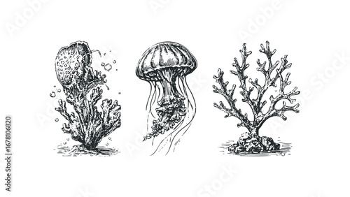 Detailed ink sketch of jellyfish and coral formations on a transparent background. Vector hand drawn illustration