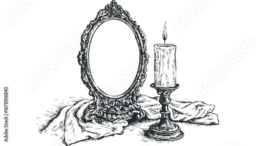 Vintage oval mirror with ornate frame next to a burning candle on a candlestick with draped fabric. Vector hand drawn illustration