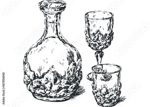 Sketch of ornate decanter and drinking glasses for liquids. Vector hand drawn illustration