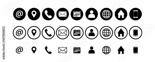 A set of icons for various contact methods and personal details, perfect for business cards, websites, and presentations. Includes symbols for email, location, phone, calendar, and more.