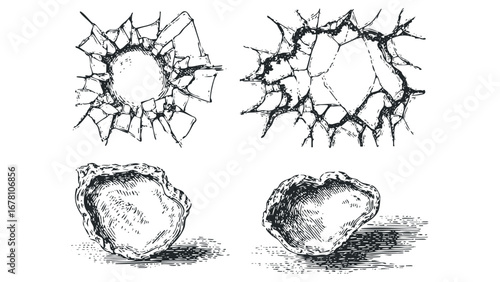 Broken glass and cracked stone textures for graphic design. Vector hand drawn illustration