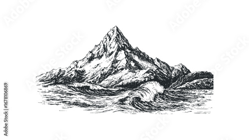 Dramatic mountain range with rough sea waves in a black and white sketch style. Vector hand drawn illustration