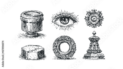 Set of vintage etched architectural elements and an all-seeing eye on transparent background. Vector hand drawn illustration