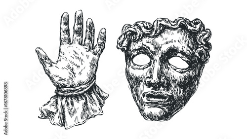 Sketch of antique human hand and theatrical mask on transparent background. Vector hand drawn illustration