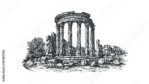 Sketch of classical stone ruins with pillars and foliage on transparent background. Vector hand drawn illustration