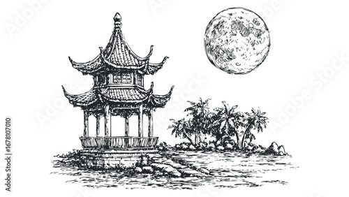 Asian pavilion with tiered roof and palm trees under full moon sketch. Vector hand drawn illustration