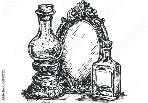 Antique bottles and ornate mirror in etched style. Vector hand drawn illustration