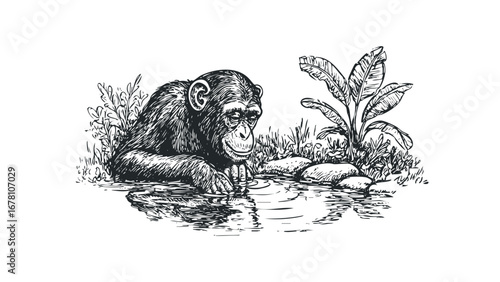 Chimpanzee drinking water from a pond in lush vegetation. Vector hand drawn illustration