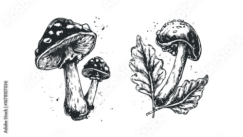 Monochromatic sketch of two distinct mushroom varieties with textured caps and stems, alongside botanical leaf elements. Vector hand drawn illustration