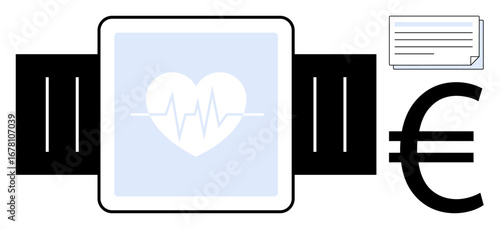 Smartwatch with heartbeat graphic, document, and euro symbol representing health monitoring, data tracking, finance management, digital health, fitness, technology, wellness and connectivity in
