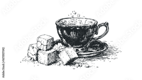 Sketch of a teacup with sugar cubes. Vector hand drawn illustration