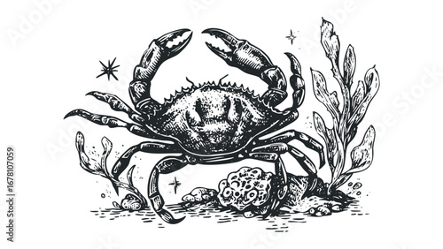 Detailed engraving of a crab with seaweed and rocks on a white canvas. Vector hand drawn illustration