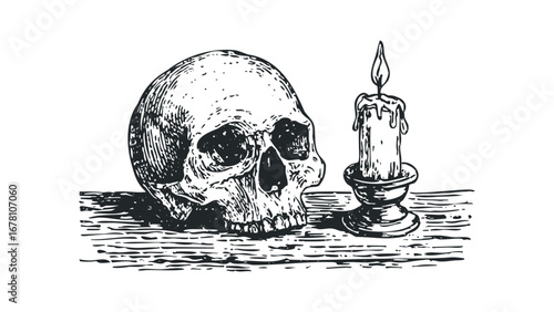 Vintage etched skull and burning candle on wood surface. Vector hand drawn illustration