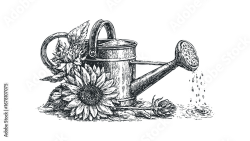 Vintage watering can with sunflower and falling water drops. Vector hand drawn illustration