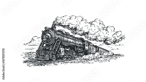 Steam locomotive with plume of smoke traveling on tracks. Vector hand drawn illustration