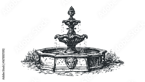 Elaborate vintage tiered fountain with lion heads and cascading water. Vector hand drawn illustration