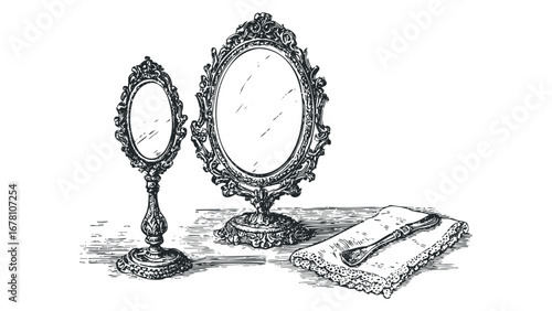Antique vanity mirrors and ornate comb on a table. Vector hand drawn illustration