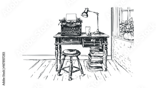Antique typewriter on a wooden desk with a stool and books. Vector hand drawn illustration