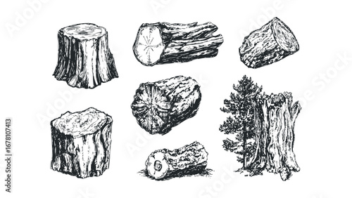 Collection of Hand-Drawn Tree Stumps and Logs on Transparent Background. Vector hand drawn illustration