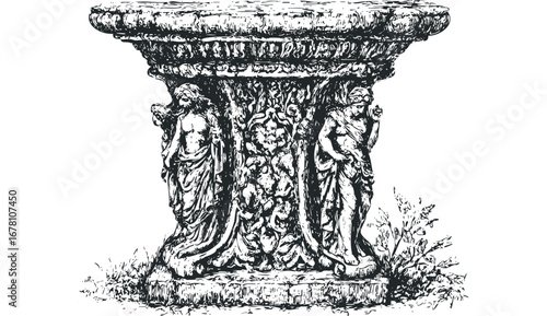 Antique stone pedestal with carved figures and foliage on transparent background. Vector hand drawn illustration