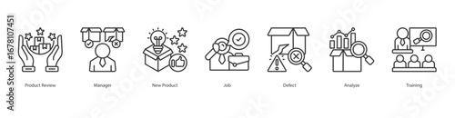 Product Development banner web icon set vector illustration concept with icon of product review, manager, new product, job, defect, analyze, training