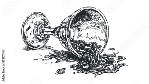 Hand Drawn Sketch of a Spilled Wine Glass with Liquid Poured Out. Vector hand drawn illustration
