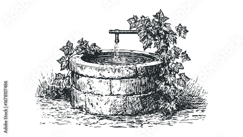 Stone Water Well with Flowing Tap and Ivy Leaves. Vector hand drawn illustration