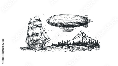 Vintage sailing ship and airship above a mountainous landscape with pine trees. Vector hand drawn illustration