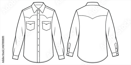 Front and back view of a long sleeve western style denim shirt fashion illustration Keywords: fashion