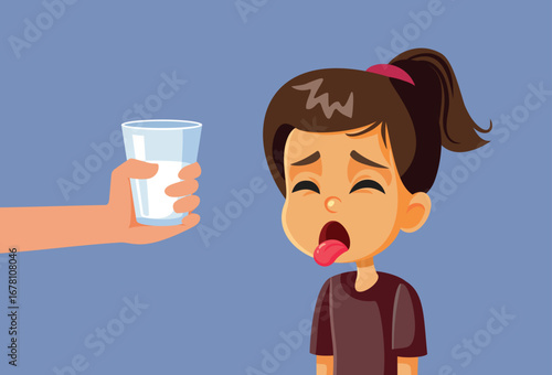 Unhappy Girl Disliking Milk Refusing a Glass Vector Cartoon. Kid rejecting the diary product that has calcium and protein
        