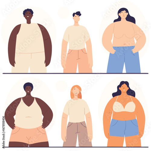 Illustrated collection of multiethnic people with different figures, showcasing body diversity and promoting inclusive beauty standards