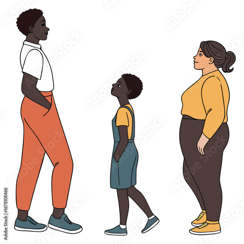 A diverse community of individuals showcasing different generations, body shapes, and heights in a simple illustration
