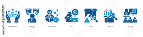 Product Development banner web icon set vector illustration concept with icon of product review, manager, new product, job, defect, analyze, training