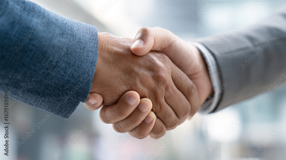 Fototapeta premium A close up shot of two people shaking hands wearing formal attire in a bright and modern setting
