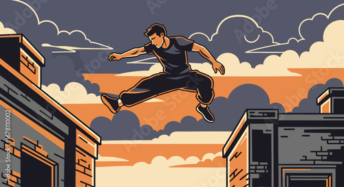 A striking graphic illustration of a traceur in a dynamic leap between rooftops. The bold orange and grey palette emphasizes the energy and freedom of this urban athlete defying gravity