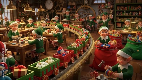 Elves Working in Workshop with Toy Train Delivering Gifts