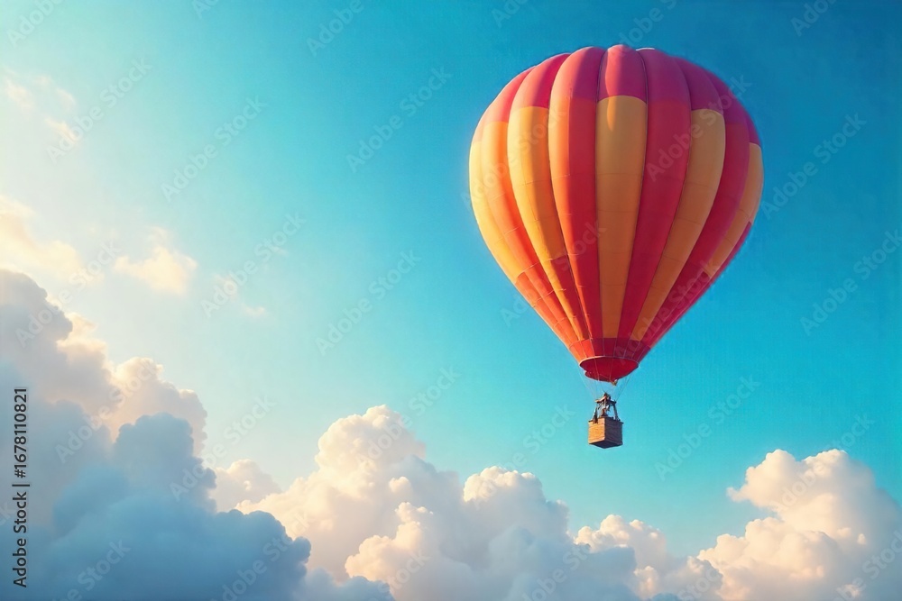 Naklejka premium A whimsical hot air balloon floats serenely against a vibrant blue sky, casting a long shadow on the fluffy clouds below Perfect for travel, adventure, and freedom concepts , nature, balloon