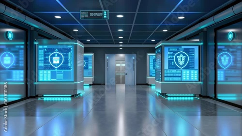 Futuristic server room blue neon medical data cybersecurity telemedicine digital network secure cloud AI interface hospital tech hub with secure data