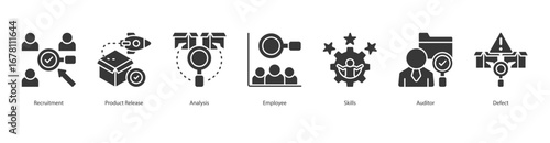 Product Quality Analysis banner web icon set vector illustration concept with icon of recruitment, product release, analysis, employee, skills, auditor, defect