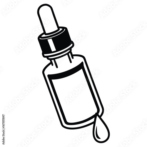 Monochrome illustration of a pipette bottle with a falling liquid drop, representing concepts of cosmetic serum, essential oil, or precise medical dosage
