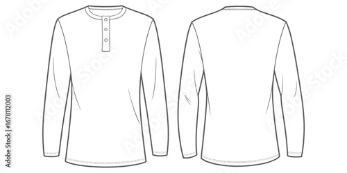 Front and back view of a white long sleeve henley shirt with button placket clothing apparel
