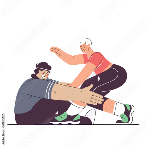 Teamwork and trust concept illustrated by two blindfolded figures in a playful piggyback ride