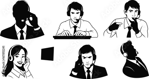 Call center agents, customer support, technical service, hotline communication, headset workers, online assistance, business helpdesk, remote service, telemarketing, client interaction