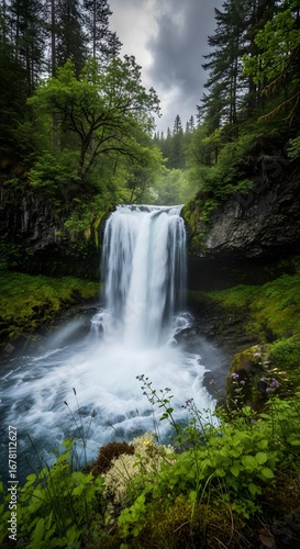 Majestic Waterfall Cascading Through Lush Forest Landscape.